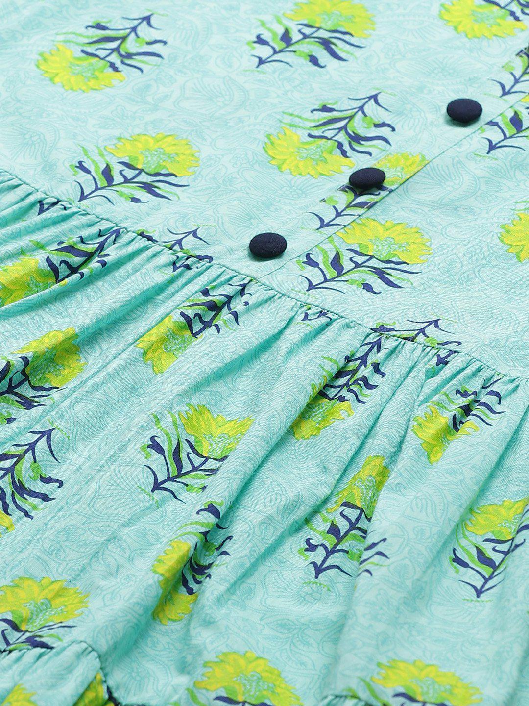 blue-yellow-floral-printed-tiered-a-line-dress-10204109BL, Women Clothing, Cotton Dress