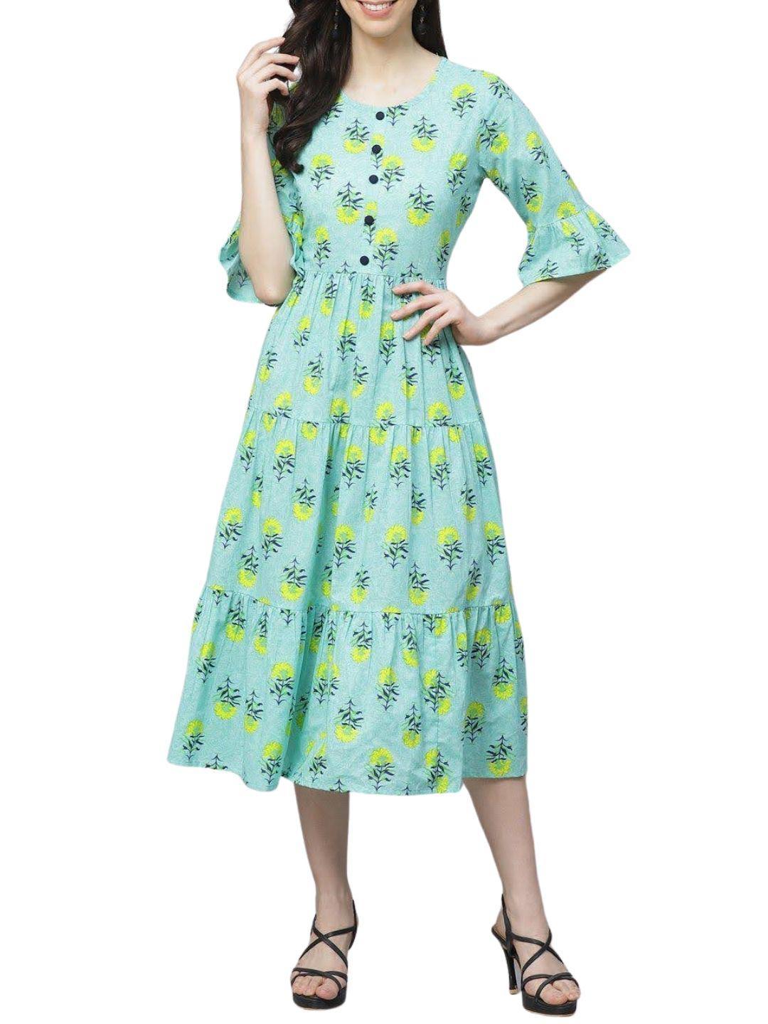 blue-yellow-floral-printed-tiered-a-line-dress-10204109BL, Women Clothing, Cotton Dress