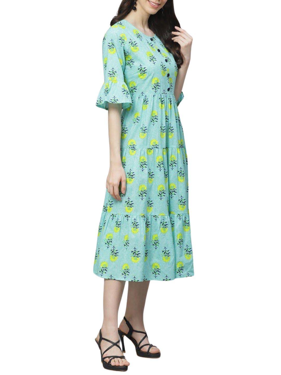 blue-yellow-floral-printed-tiered-a-line-dress-10204109BL, Women Clothing, Cotton Dress