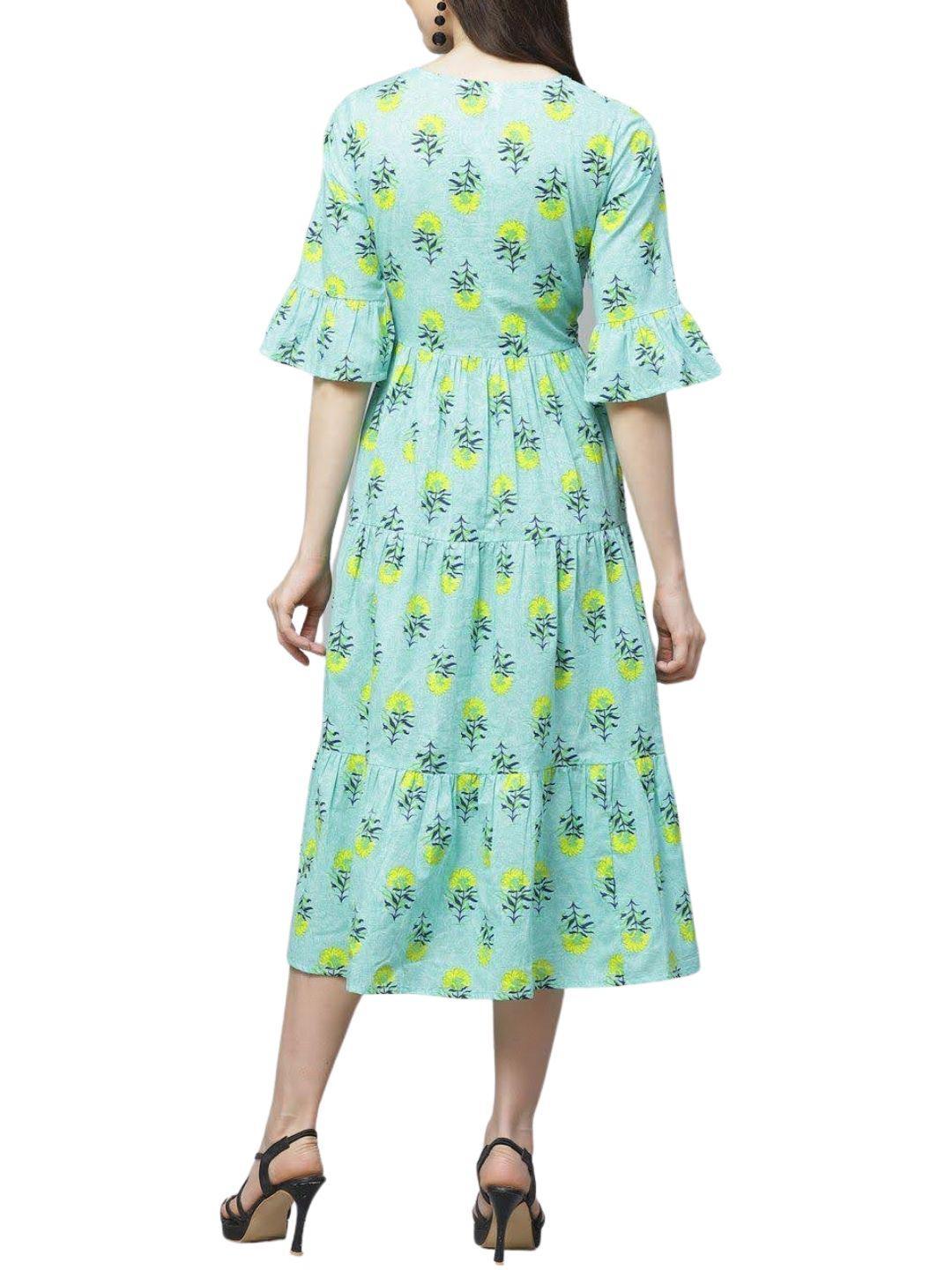 blue-yellow-floral-printed-tiered-a-line-dress-10204109BL, Women Clothing, Cotton Dress