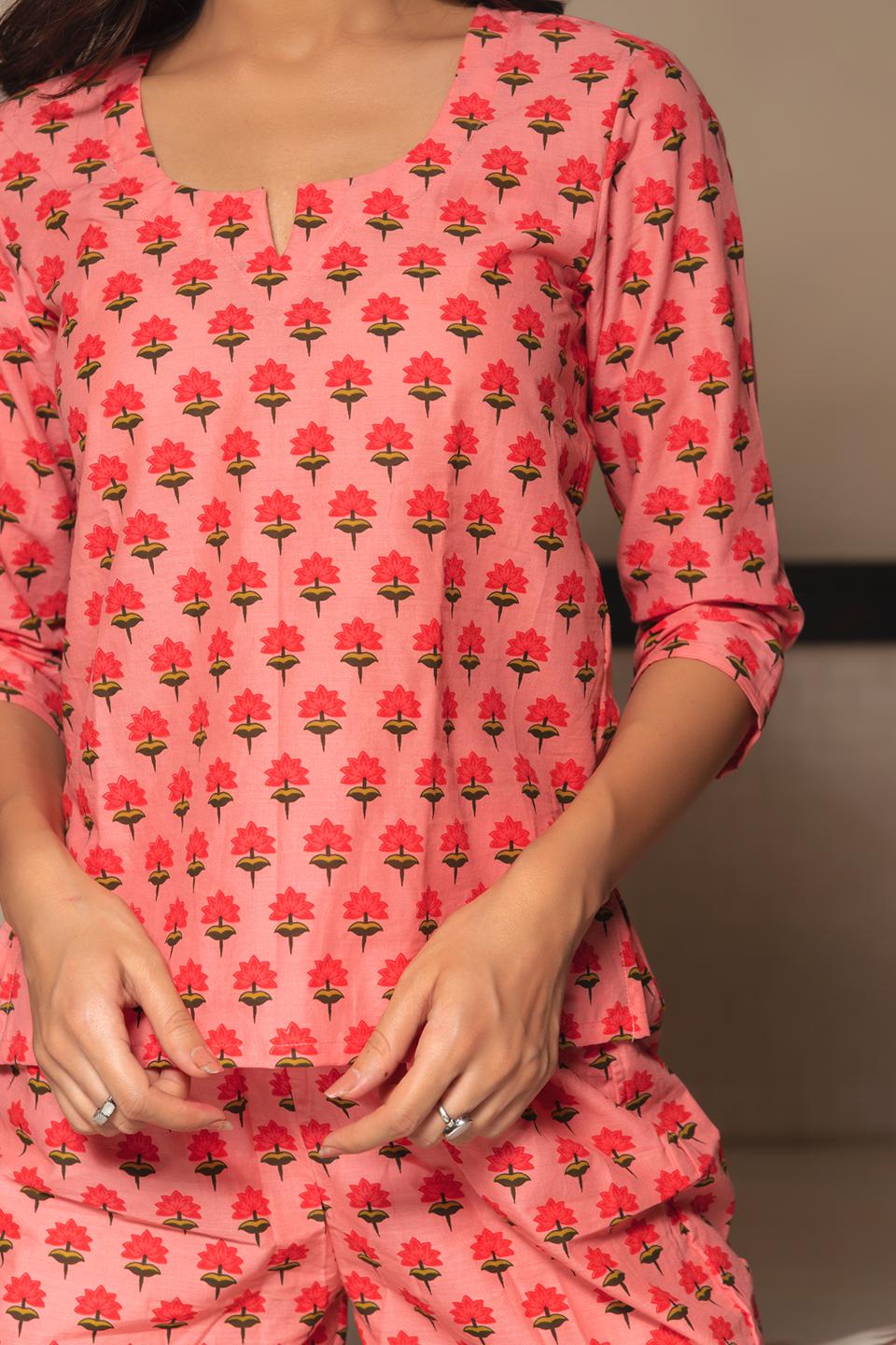 blushing-peach-hand-block-cotton-night-set-11436010PC, Women Indian Ethnic Clothing, Cotton Sleep Set