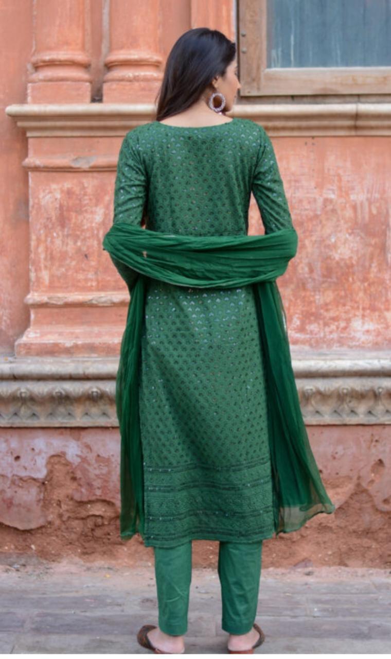 bottle-green-chikankari-suit-11603023GR, Women Indian Ethnic Clothing, Chikankari Kurta Set Dupatta