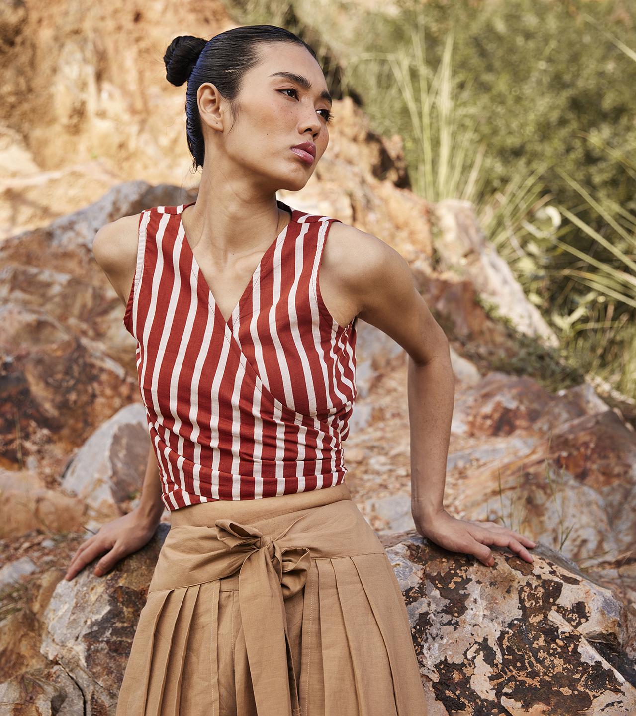brick-red-off-white-cotton-wrap-top-11907039RD, Women Clothing, Cotton Top
