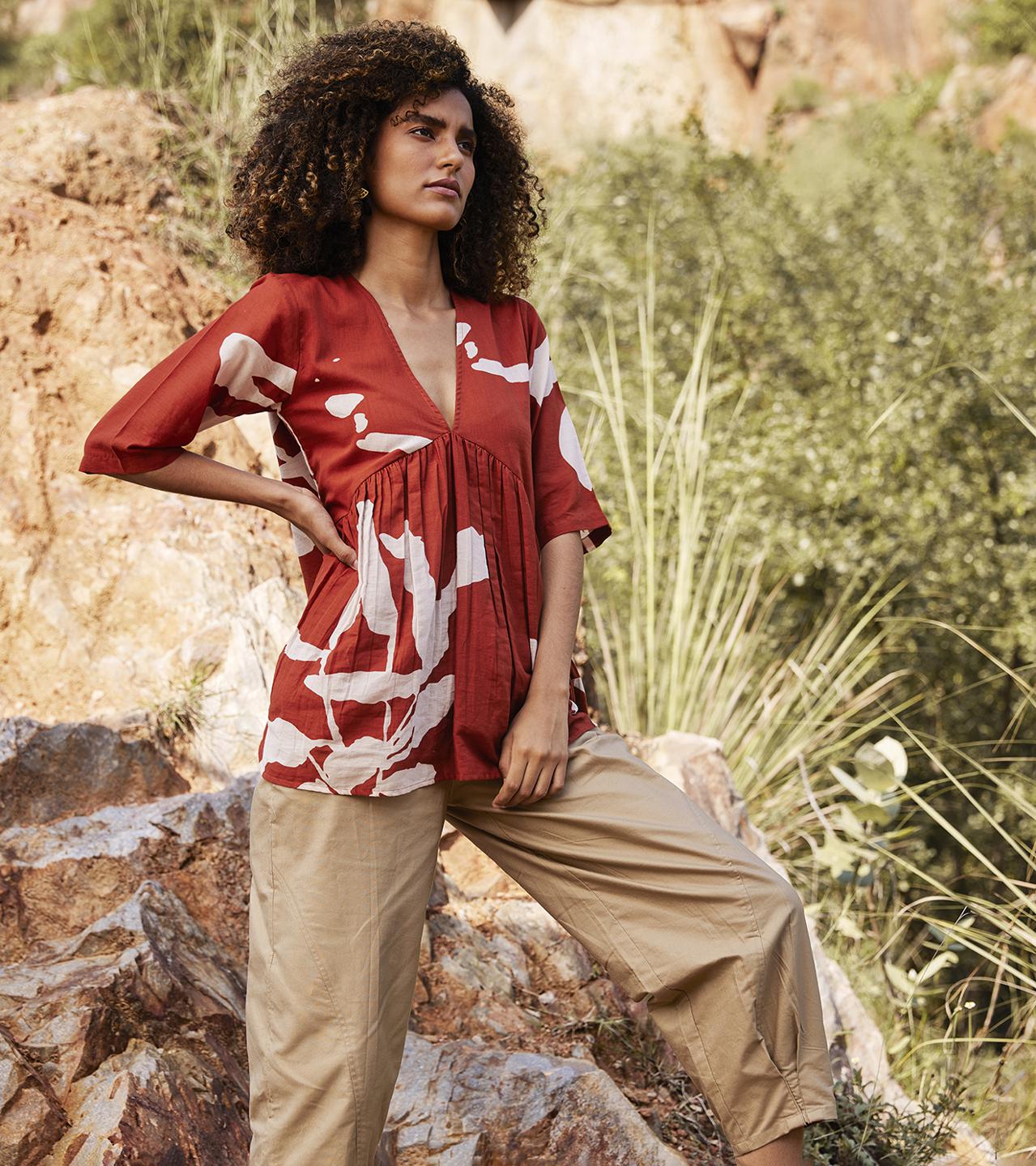 brick-red-printed-cotton-top-11907041RD, Women Clothing, Cotton Top