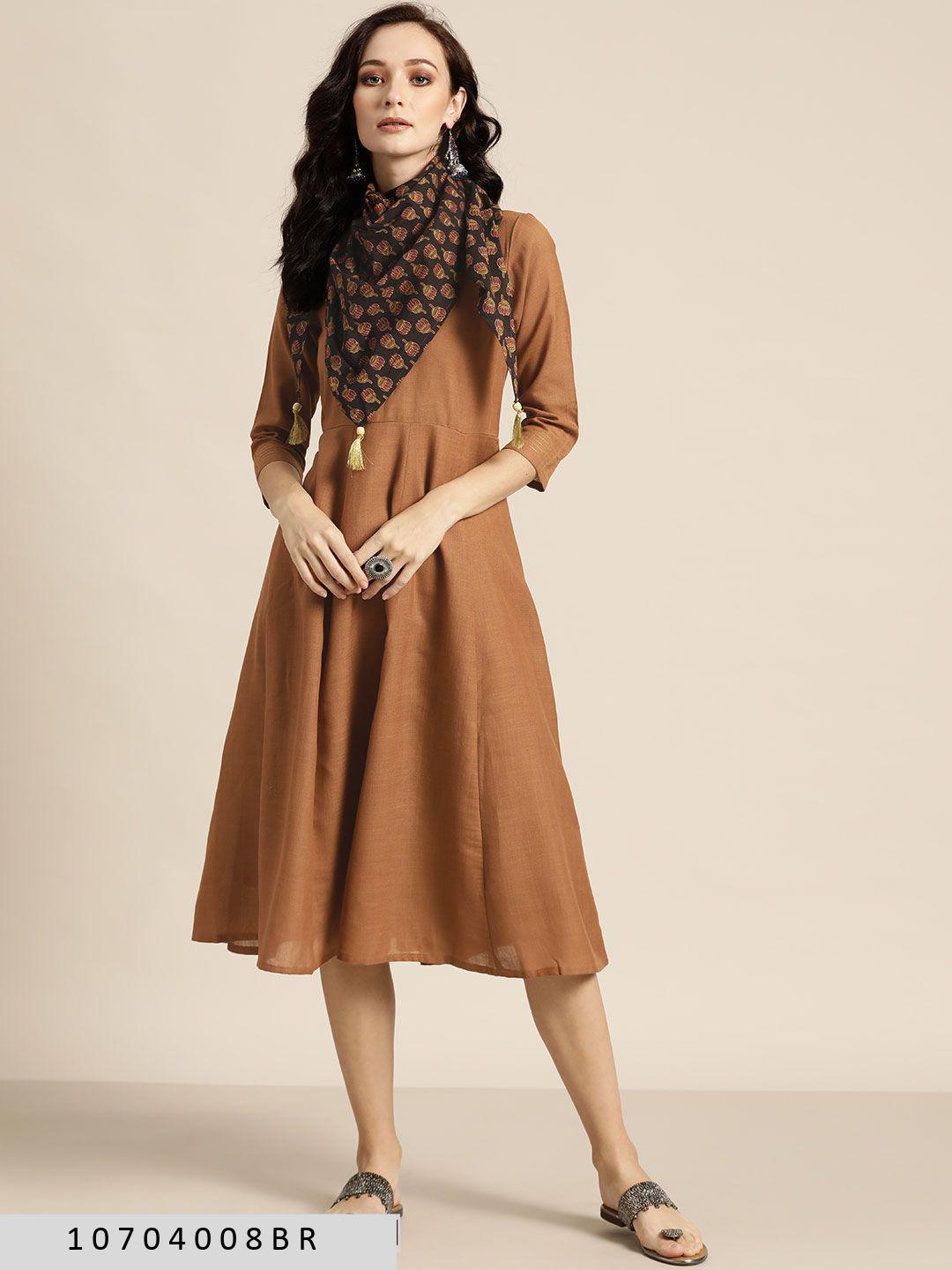 brown-anarkali-dress-with-printed-scarf-10704008BR, Women Clothing, Poly Viscose Dress