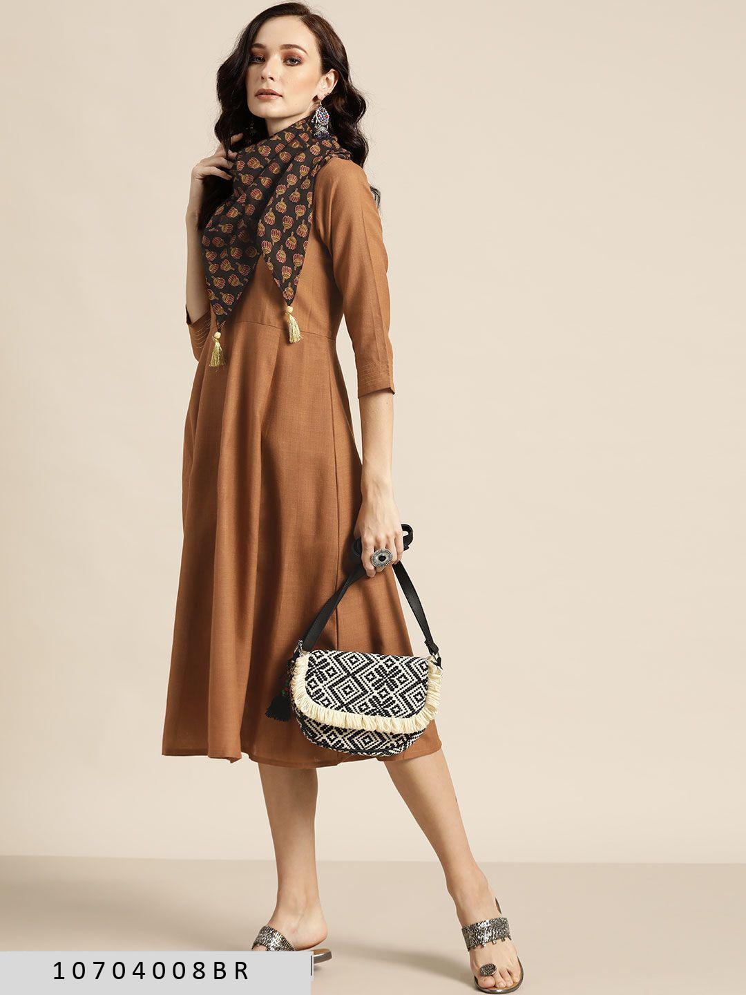 brown-anarkali-dress-with-printed-scarf-10704008BR, Women Clothing, Poly Viscose Dress