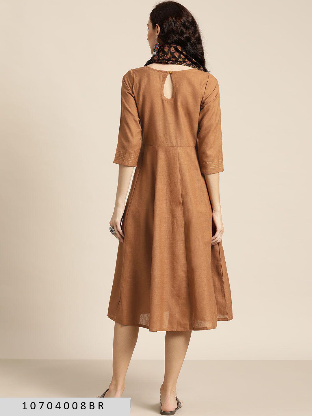 brown-anarkali-dress-with-printed-scarf-10704008BR, Women Clothing, Poly Viscose Dress