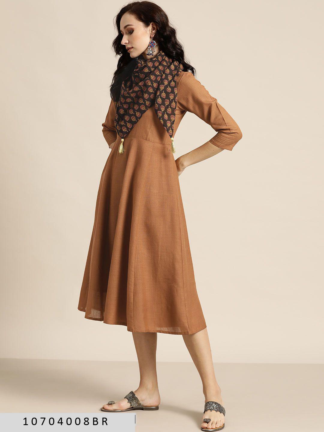 brown-anarkali-dress-with-printed-scarf-10704008BR, Women Clothing, Poly Viscose Dress