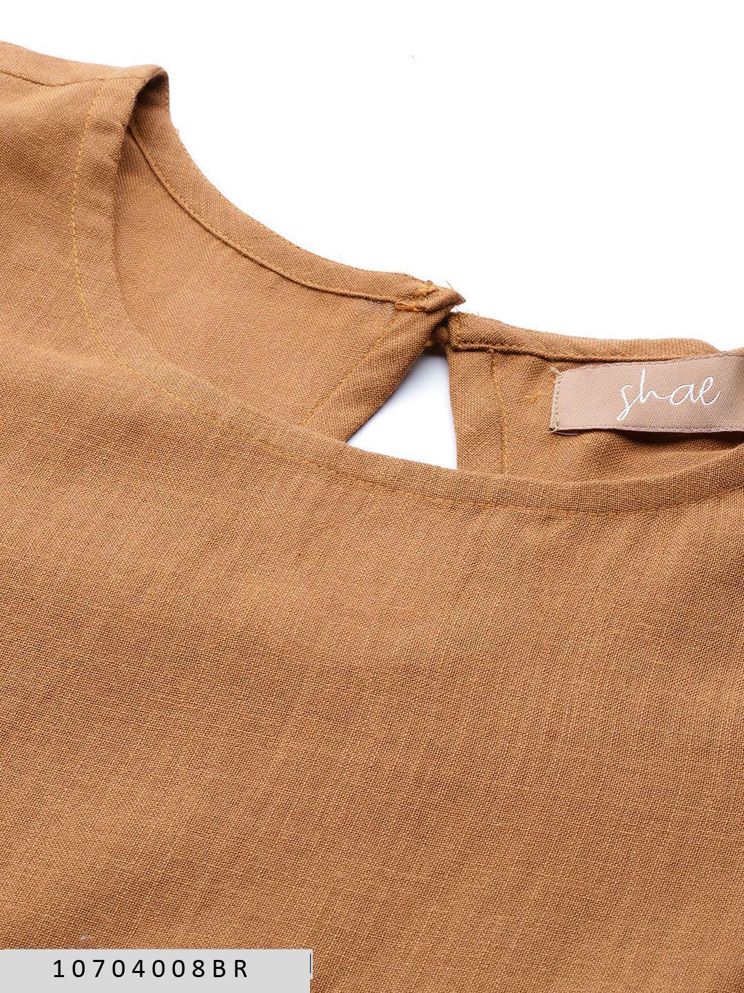 brown-anarkali-dress-with-printed-scarf-10704008BR, Women Clothing, Poly Viscose Dress