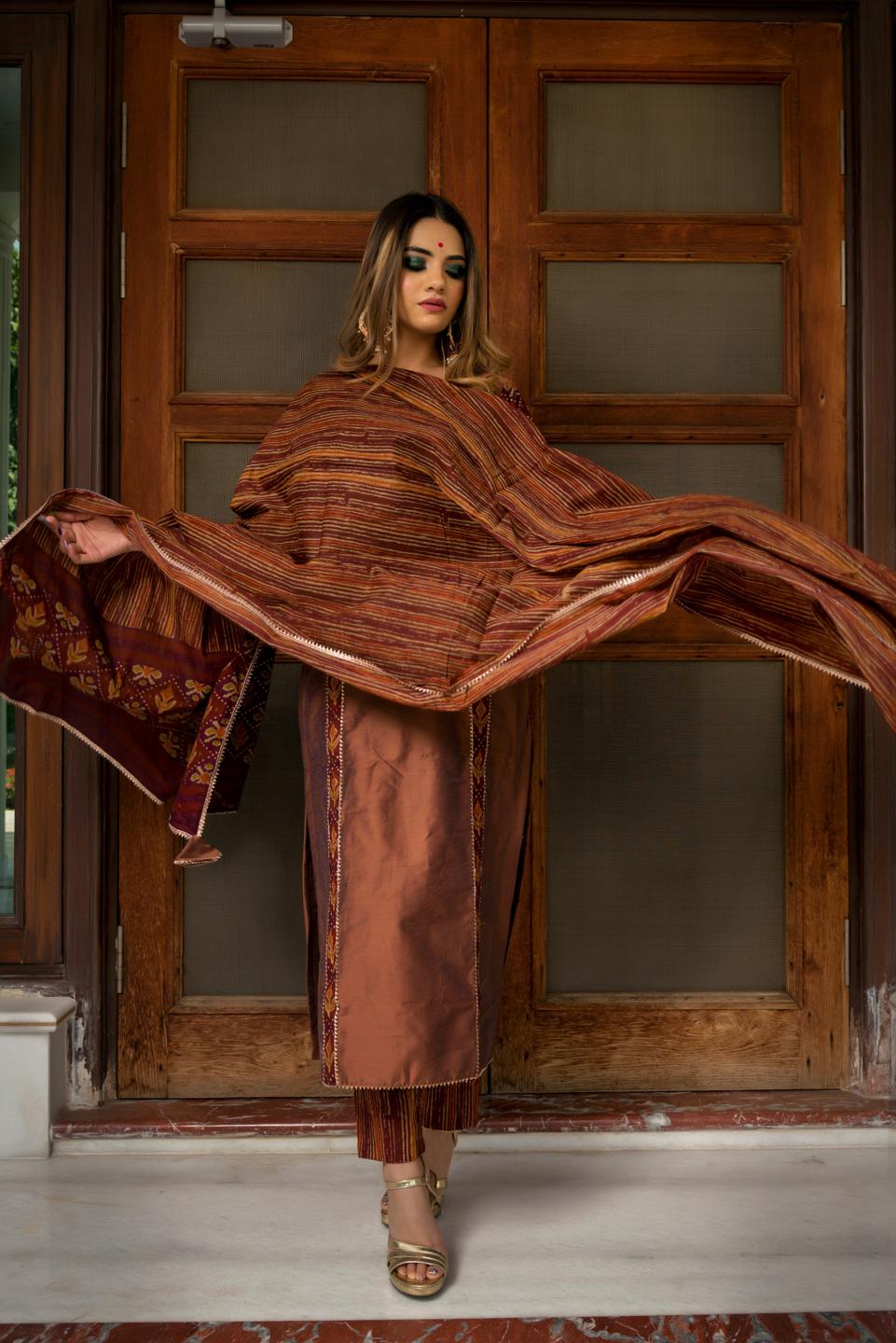 brown-cotton-silk-hand-block-print-suit-set-11403005BR, Women Indian Ethnic Clothing, Cotton Silk Kurta Set Dupatta