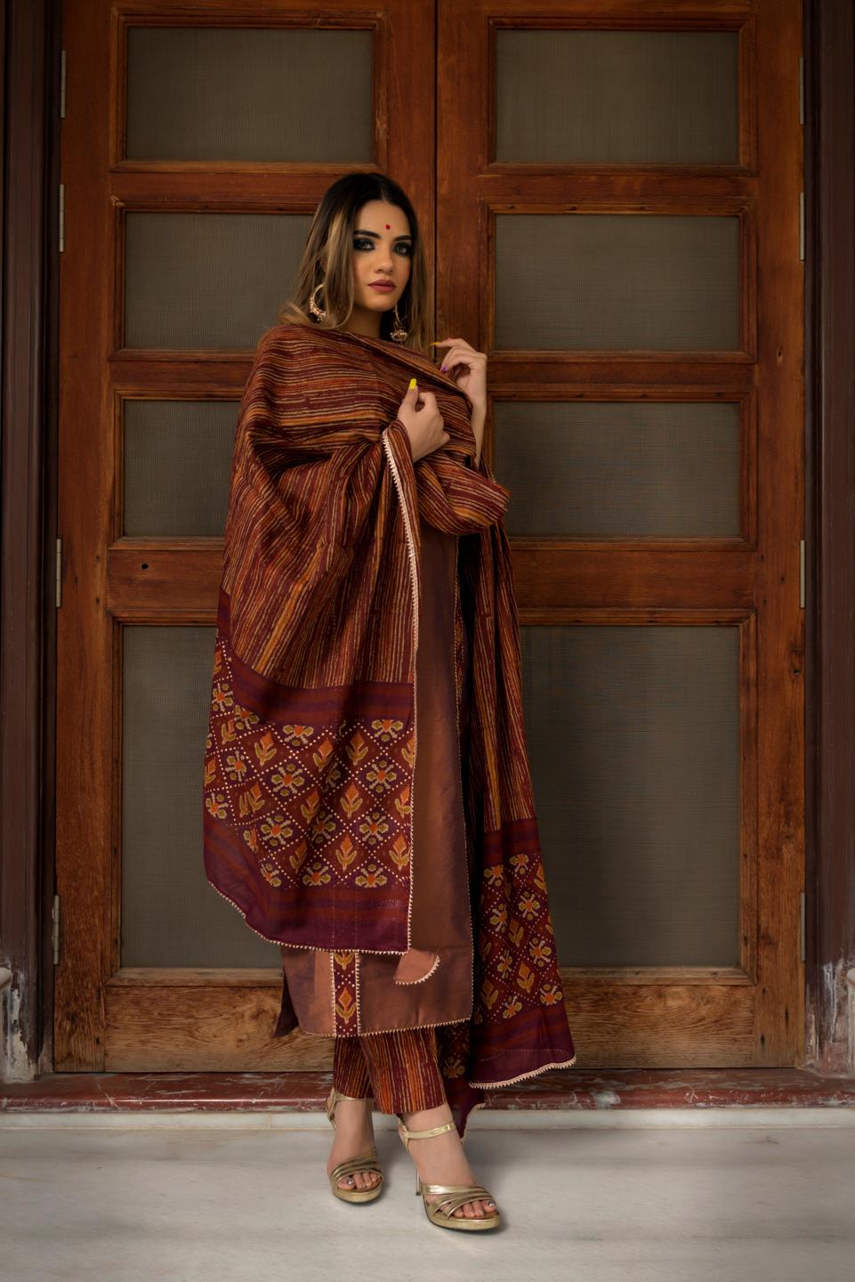 brown-cotton-silk-hand-block-print-suit-set-11403005BR, Women Indian Ethnic Clothing, Cotton Silk Kurta Set Dupatta