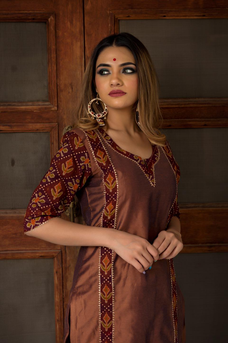 brown-cotton-silk-hand-block-print-suit-set-11403005BR, Women Indian Ethnic Clothing, Cotton Silk Kurta Set Dupatta