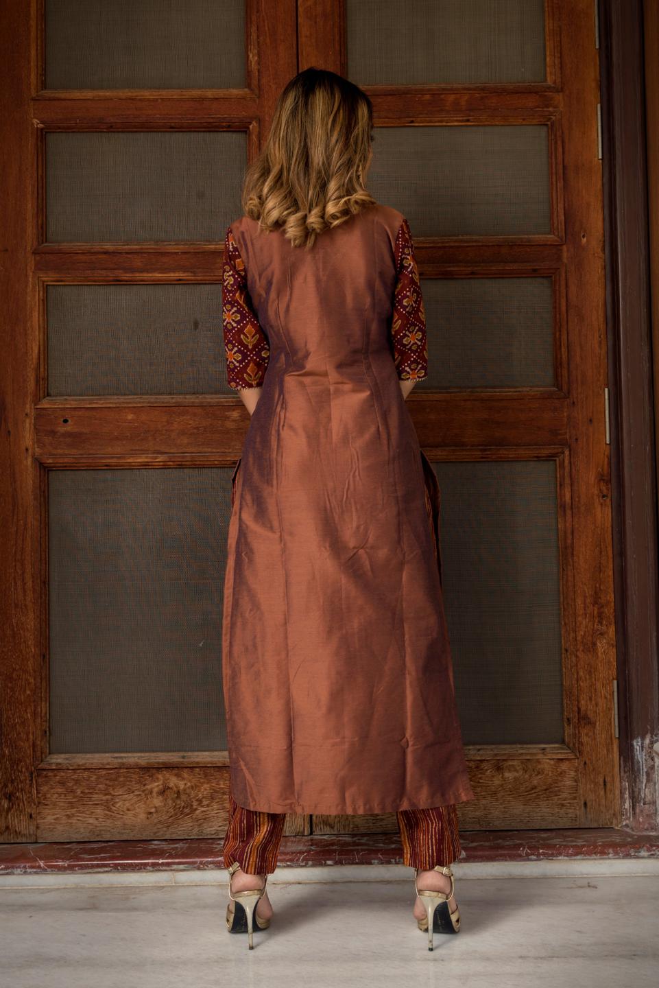 brown-cotton-silk-hand-block-print-suit-set-11403005BR, Women Indian Ethnic Clothing, Cotton Silk Kurta Set Dupatta