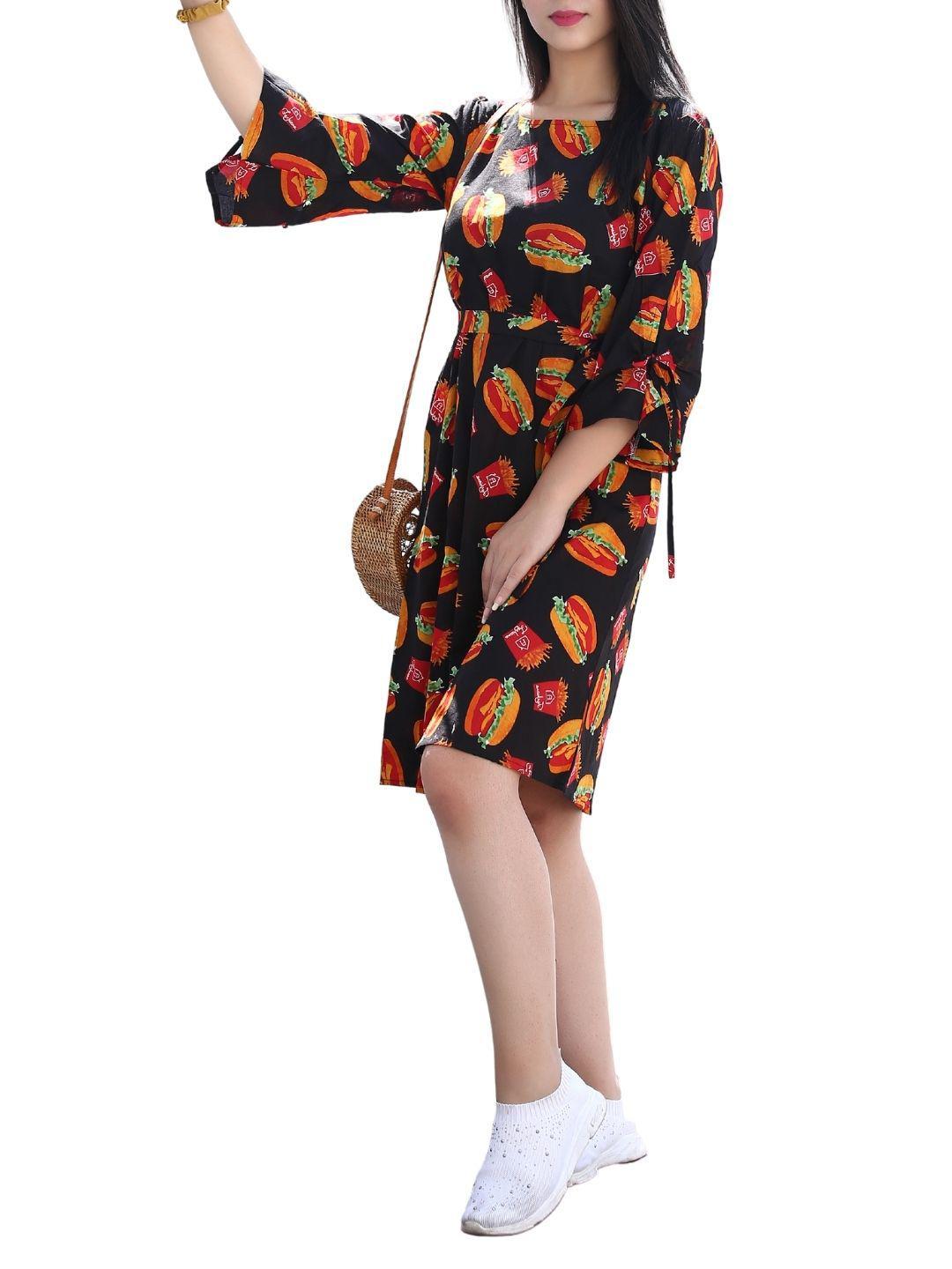 burger-print-dress-10904002BK, Women Clothing, Cotton Dress, Burger Multi Print Midi Dress