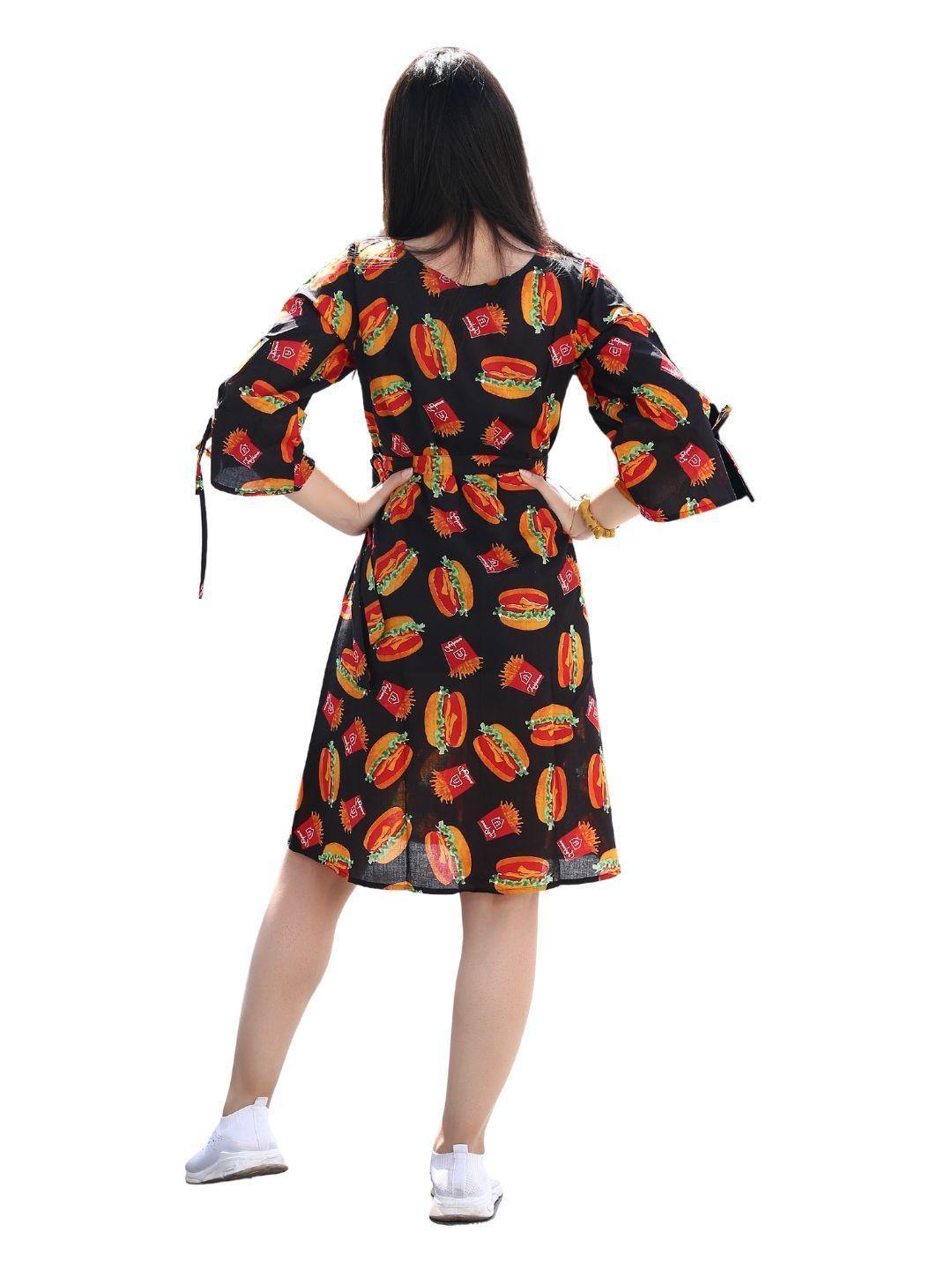 burger-print-dress-10904002BK, Women Clothing, Cotton Dress, Burger Multi Print Midi Dress