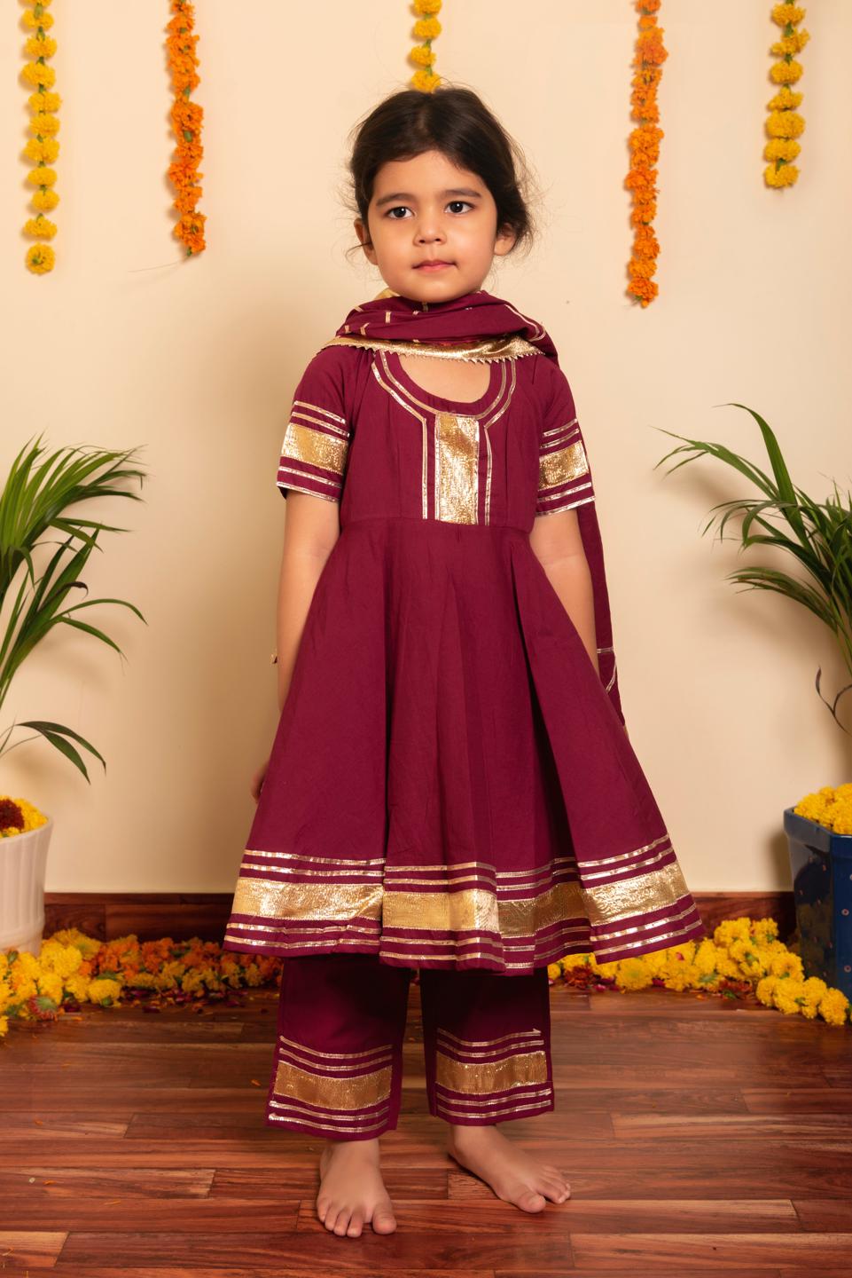 burgundy-anarkali-set-11434013MR, Kids Indian Ethnic Clothing, Cotton Girl Kurta Set
