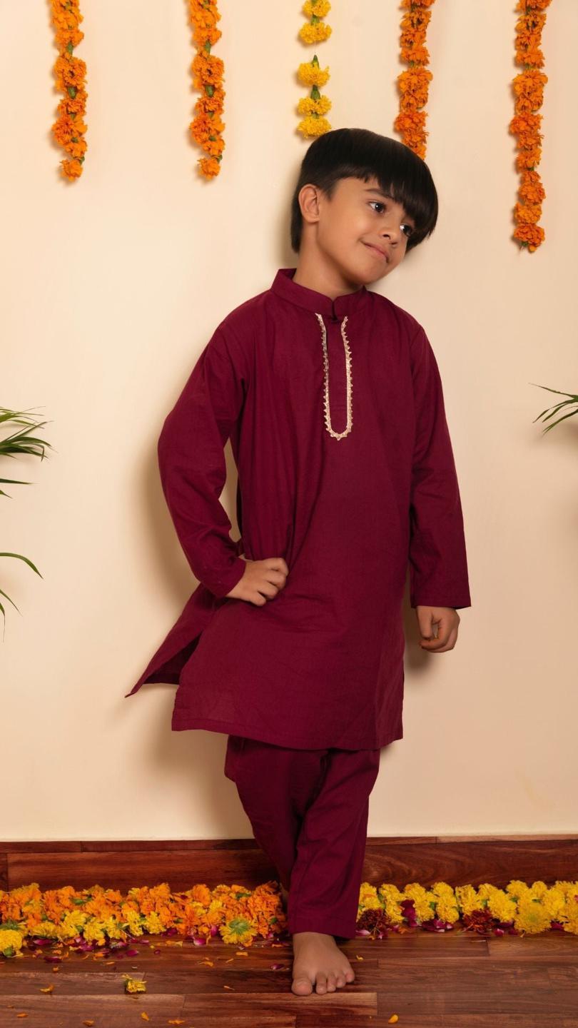 burgundy-kurta-pant-set-11420014MR, Kids Indian Ethnic Clothing, Cotton Boy Kurta Pajama Set