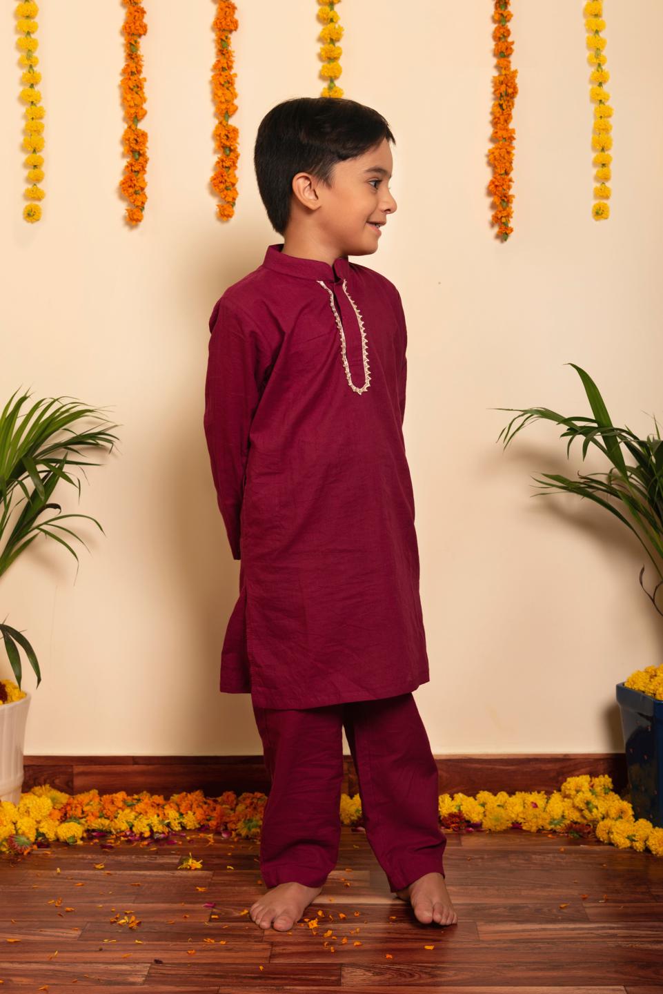 burgundy-kurta-pant-set-11420014MR, Kids Indian Ethnic Clothing, Cotton Boy Kurta Pajama Set