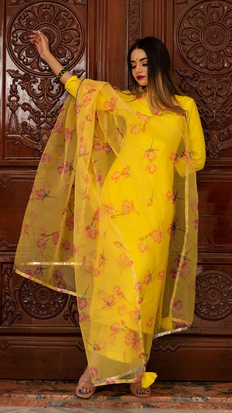 buttercup-yellow-suit-set-11403218YL, Women Indian Ethnic Clothing, Cotton Kurta Set Dupatta