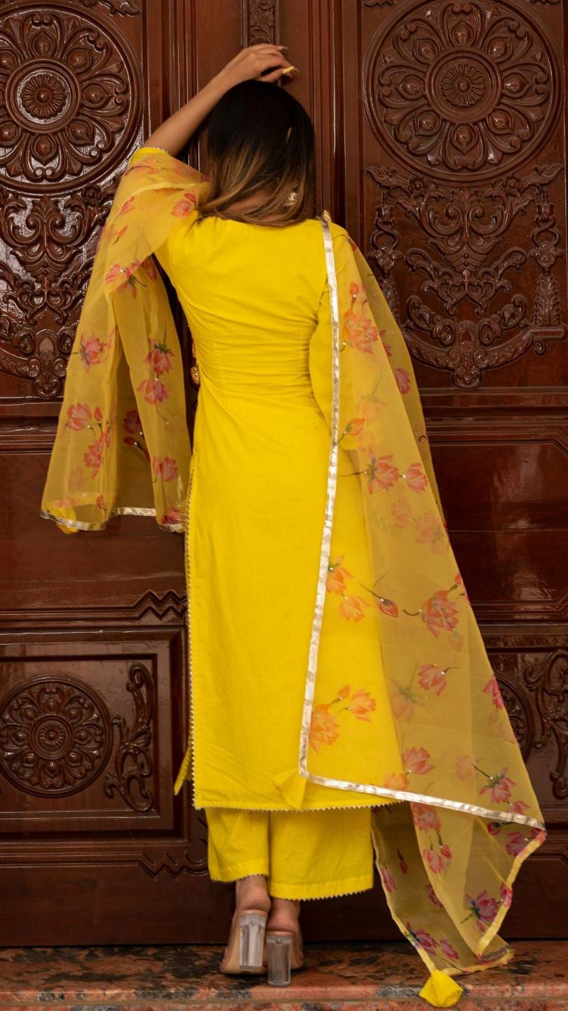 buttercup-yellow-suit-set-11403218YL, Women Indian Ethnic Clothing, Cotton Kurta Set Dupatta