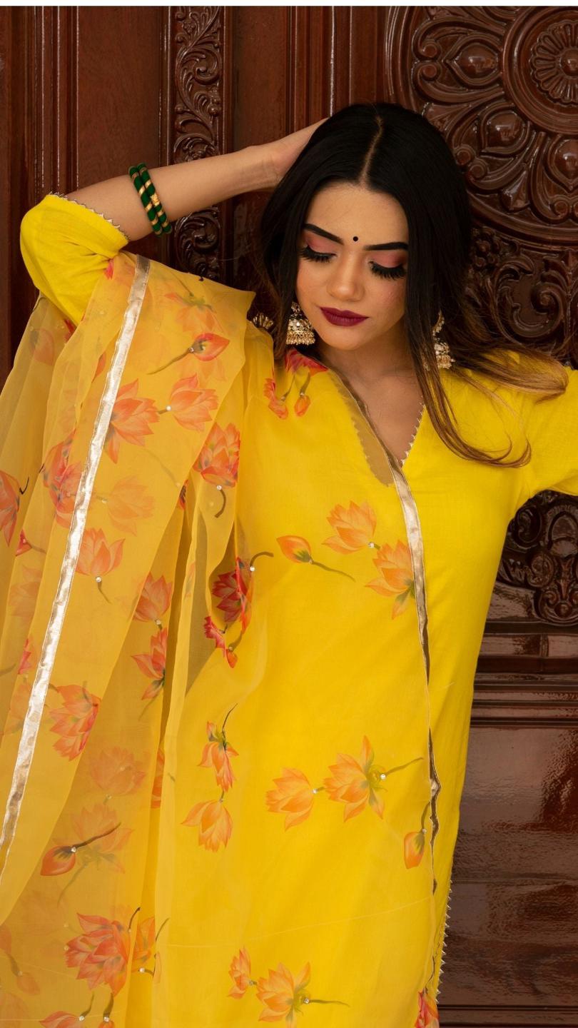 buttercup-yellow-suit-set-11403218YL, Women Indian Ethnic Clothing, Cotton Kurta Set Dupatta
