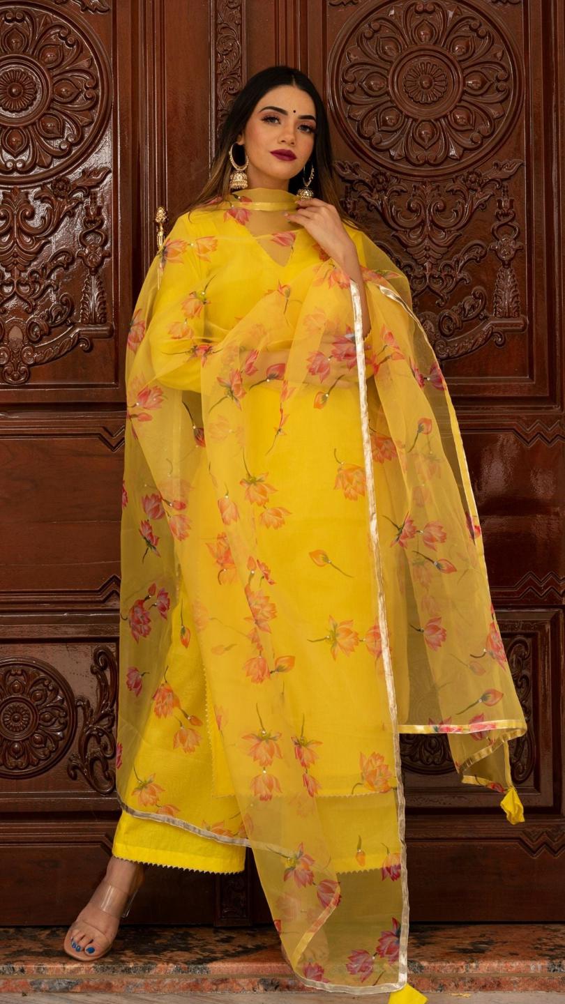 buttercup-yellow-suit-set-11403218YL, Women Indian Ethnic Clothing, Cotton Kurta Set Dupatta