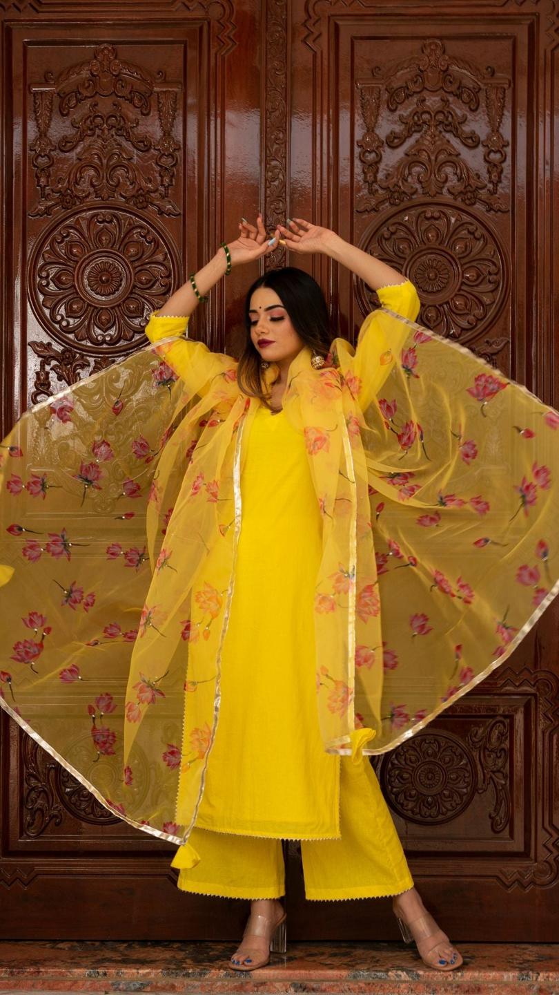 buttercup-yellow-suit-set-11403218YL, Women Indian Ethnic Clothing, Cotton Kurta Set Dupatta