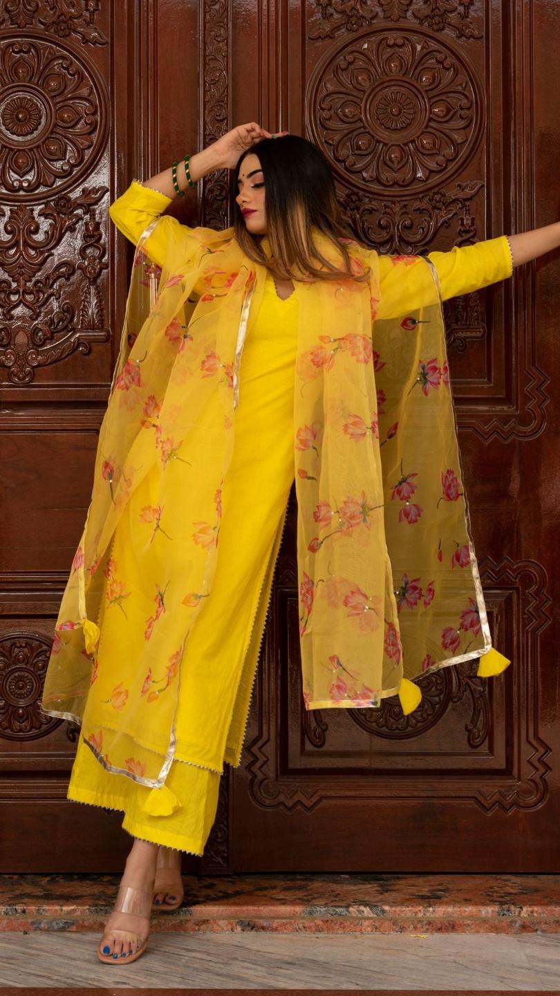 buttercup-yellow-suit-set-11403218YL, Women Indian Ethnic Clothing, Cotton Kurta Set Dupatta