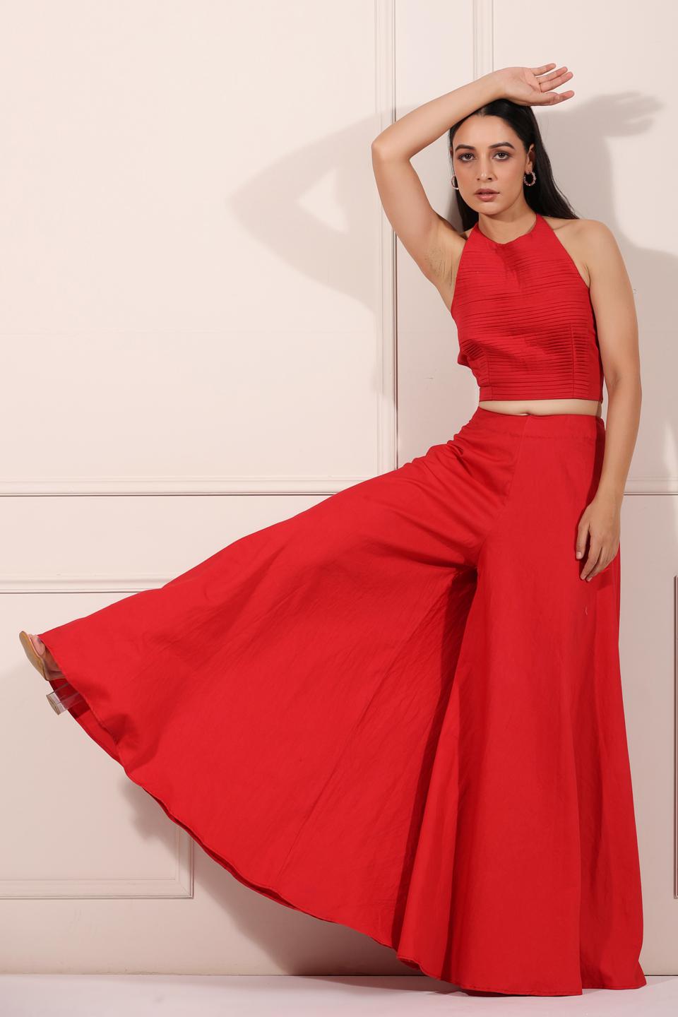 strapless open back dress MOH Carmine Red Candy Bandeau Top With Plazzo Pants