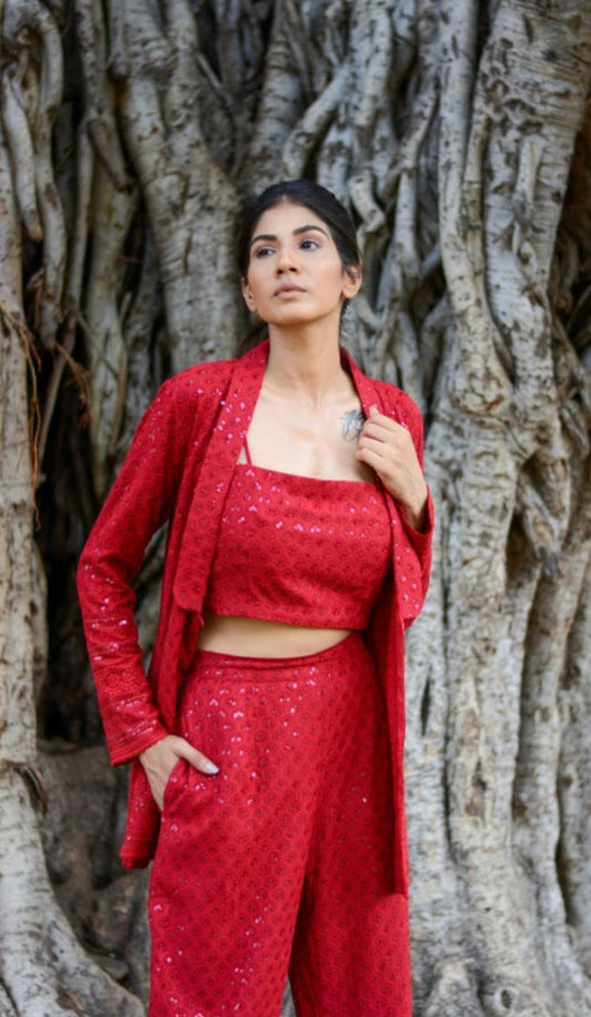 carmine-red-chikankari-co-ord-set-11640024RD, Women Clothing, Chikankari Matching Set