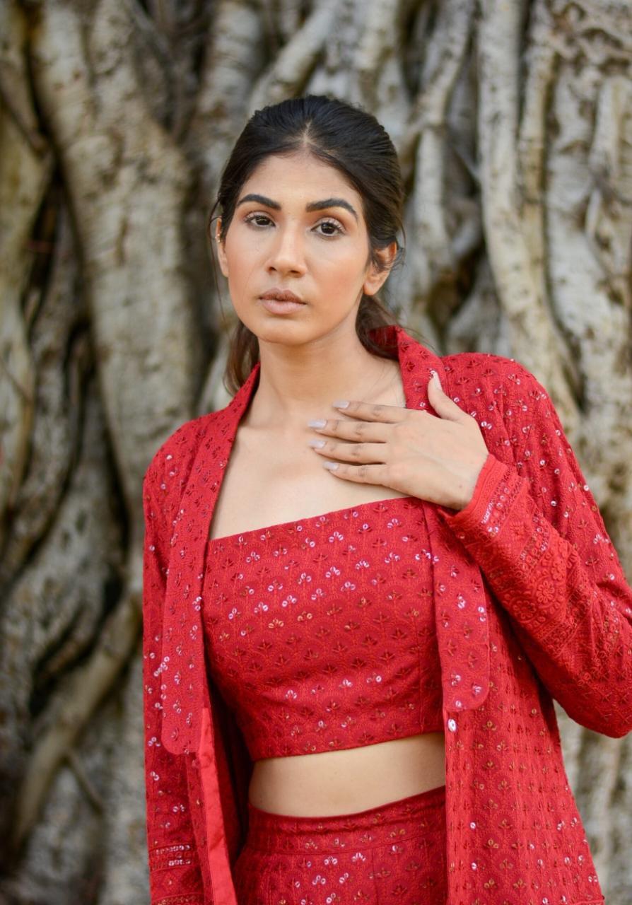 carmine-red-chikankari-co-ord-set-11640024RD, Women Clothing, Chikankari Matching Set