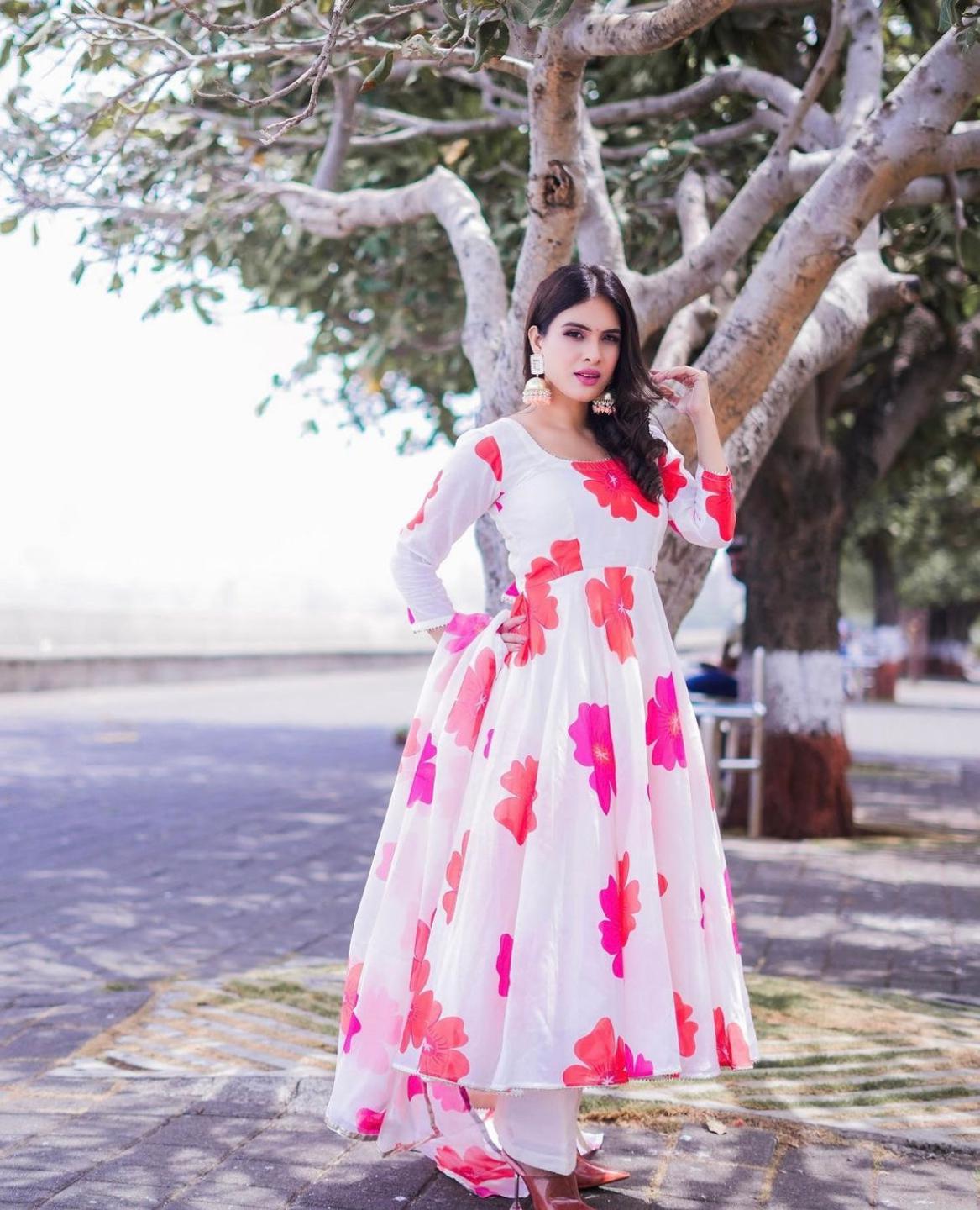 carnation-off-white-anarkali-set-11403219WH, Women Indian Ethnic Clothing, Chanderi Kurta Set Dupatta