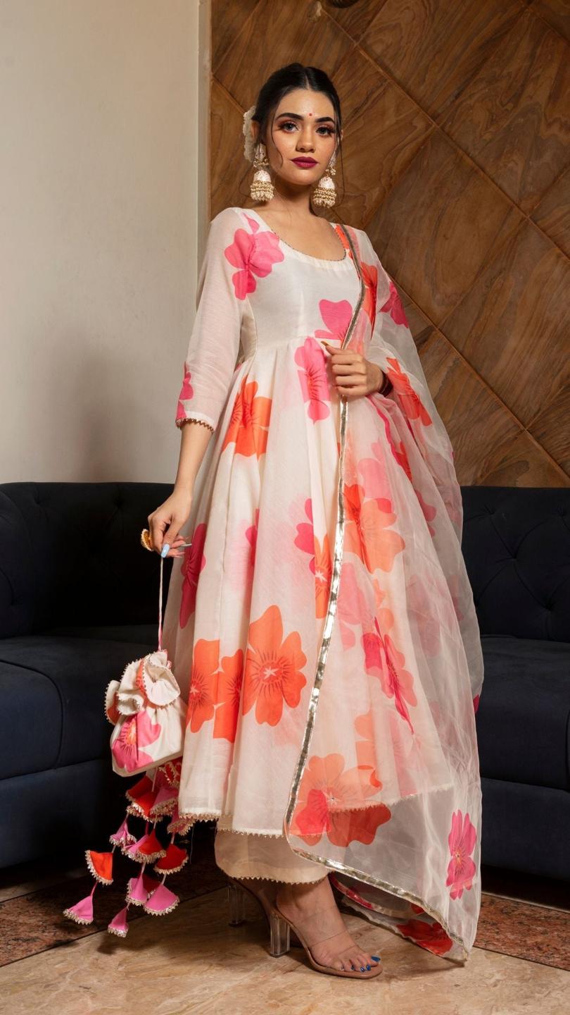 carnation-off-white-anarkali-set-11403219WH, Women Indian Ethnic Clothing, Chanderi Kurta Set Dupatta