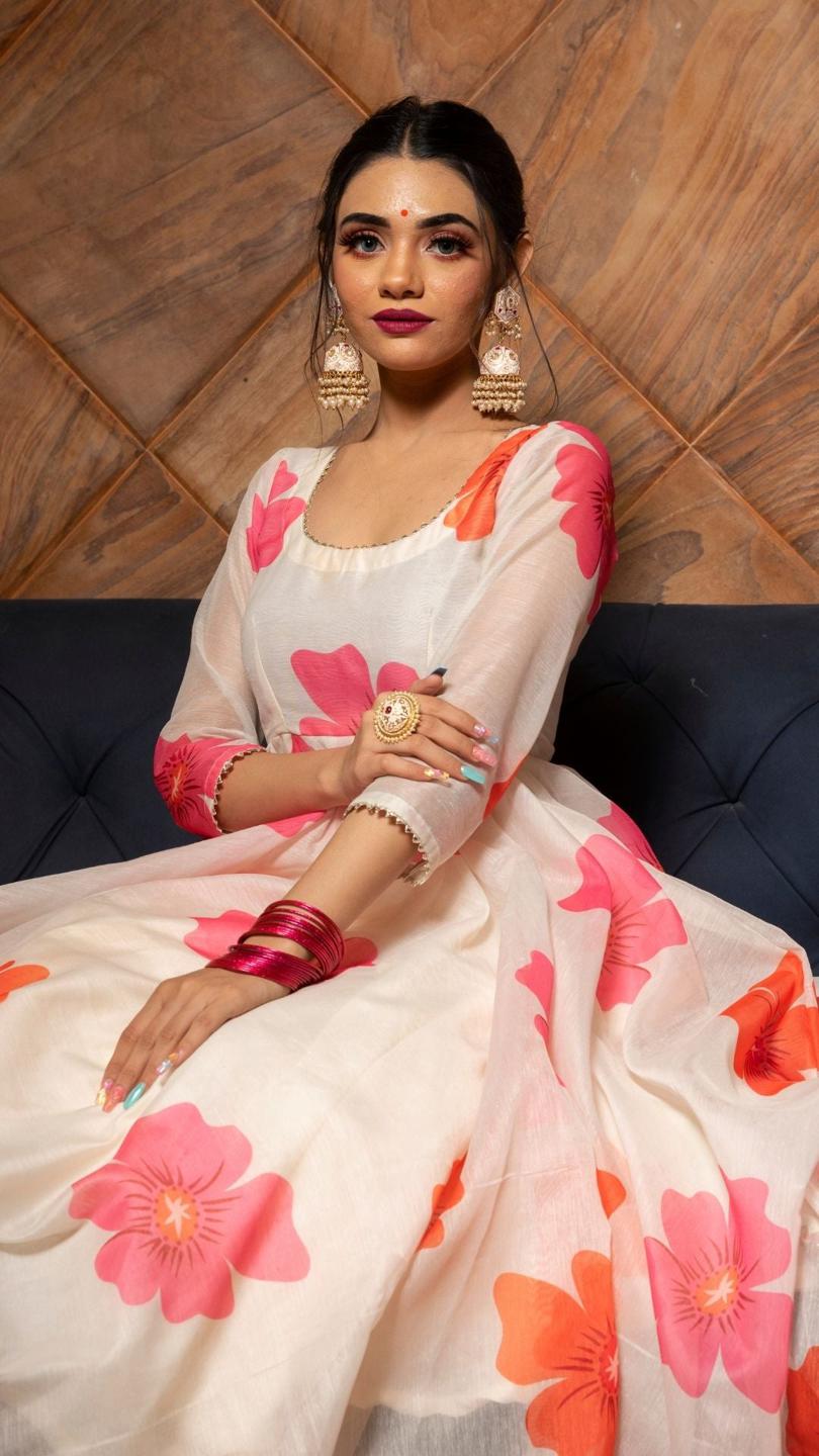 carnation-off-white-anarkali-set-11403219WH, Women Indian Ethnic Clothing, Chanderi Kurta Set Dupatta