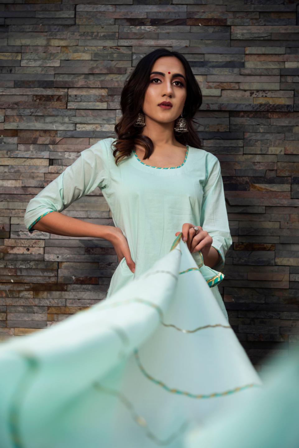 celeste-blue-pure-cotton-straight-kurta-11403189BL, Women Indian Ethnic Clothing, Cotton Kurta Set Dupatta