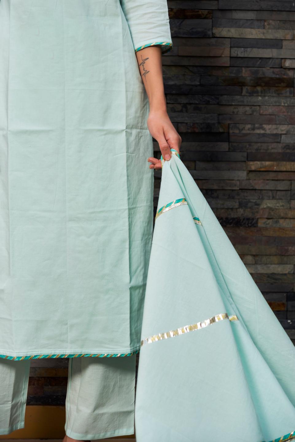 celeste-blue-pure-cotton-straight-kurta-11403189BL, Women Indian Ethnic Clothing, Cotton Kurta Set Dupatta