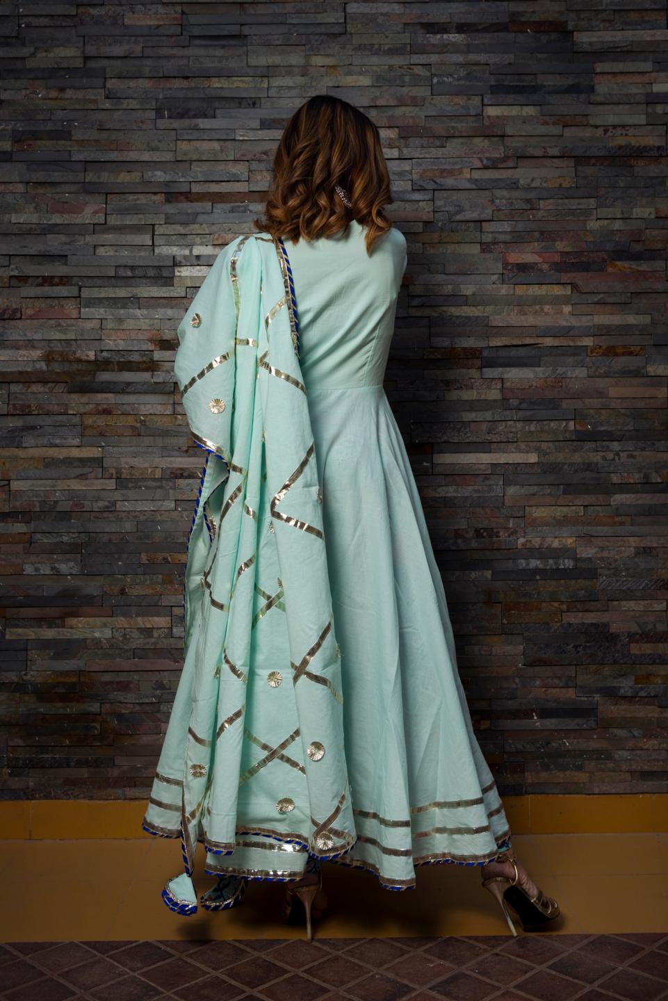 celestial-blue-pure-cotton-anarkali-set-11403188BL, Women Indian Ethnic Clothing, Cotton Kurta Set Dupatta