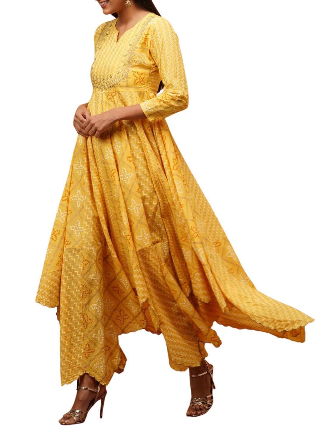 chevron-bandhani-mix-printed-asymmetrical-maxi-dress-10304003YL, Women Clothing, Cotton Dress