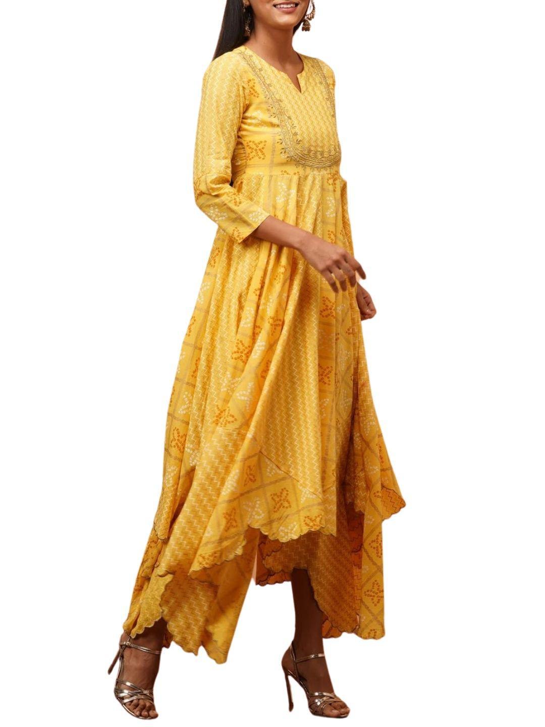chevron-bandhani-mix-printed-asymmetrical-maxi-dress-10304003YL, Women Clothing, Cotton Dress