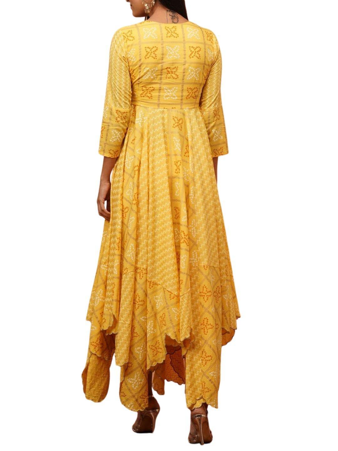 chevron-bandhani-mix-printed-asymmetrical-maxi-dress-10304003YL, Women Clothing, Cotton Dress