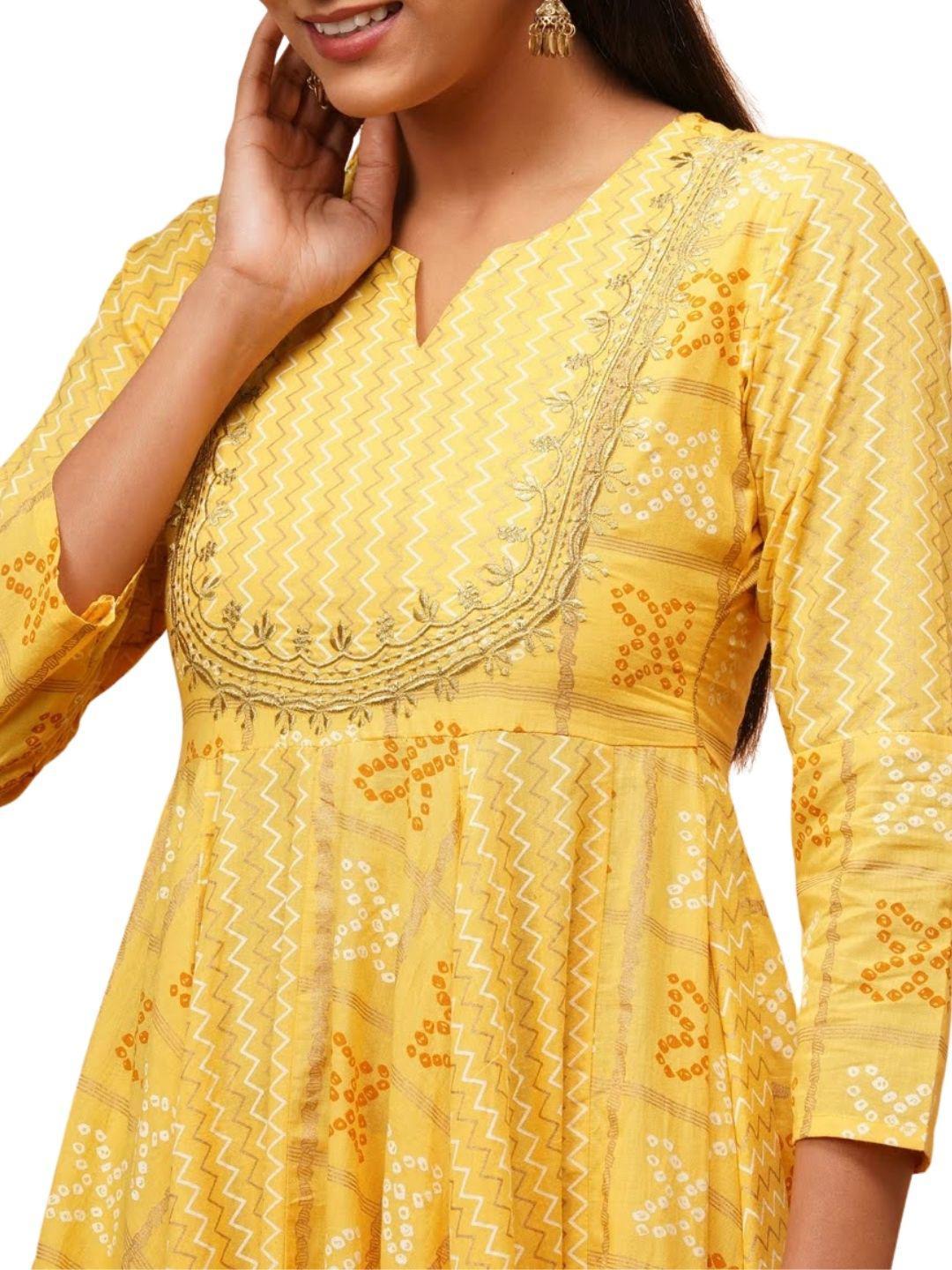 chevron-bandhani-mix-printed-asymmetrical-maxi-dress-10304003YL, Women Clothing, Cotton Dress