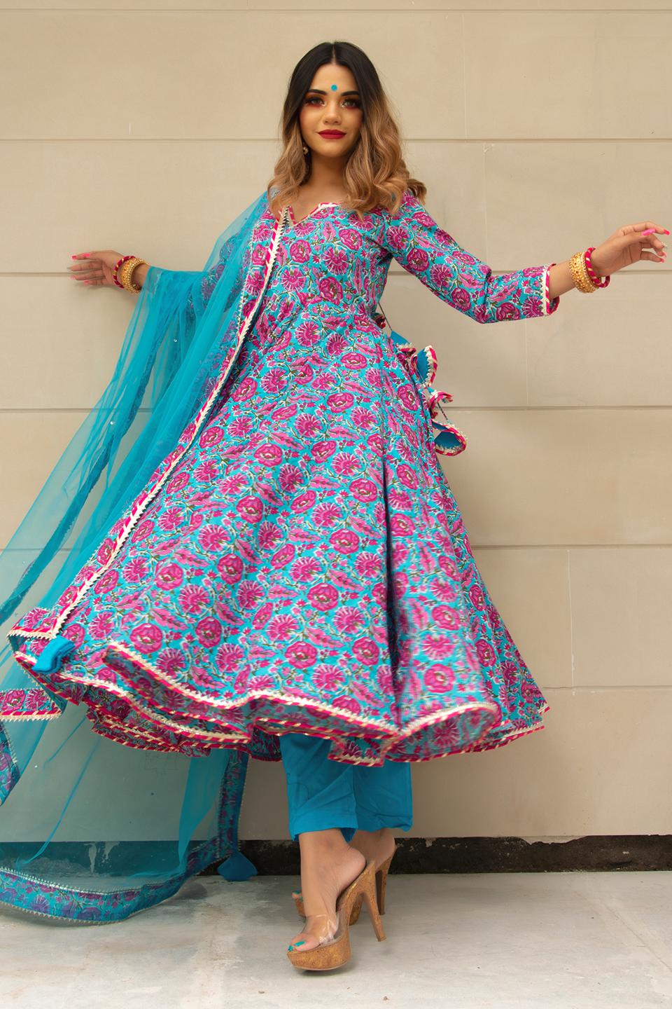 chitra-hand-block-cotton-anarkali-set-11403212BL, Women Indian Ethnic Clothing, Cotton Kurta Set Dupatta