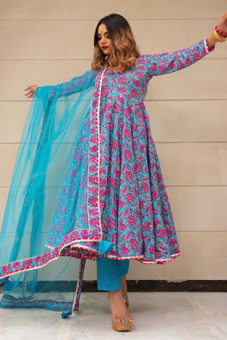 chitra-hand-block-cotton-anarkali-set-11403212BL, Women Indian Ethnic Clothing, Cotton Kurta Set Dupatta
