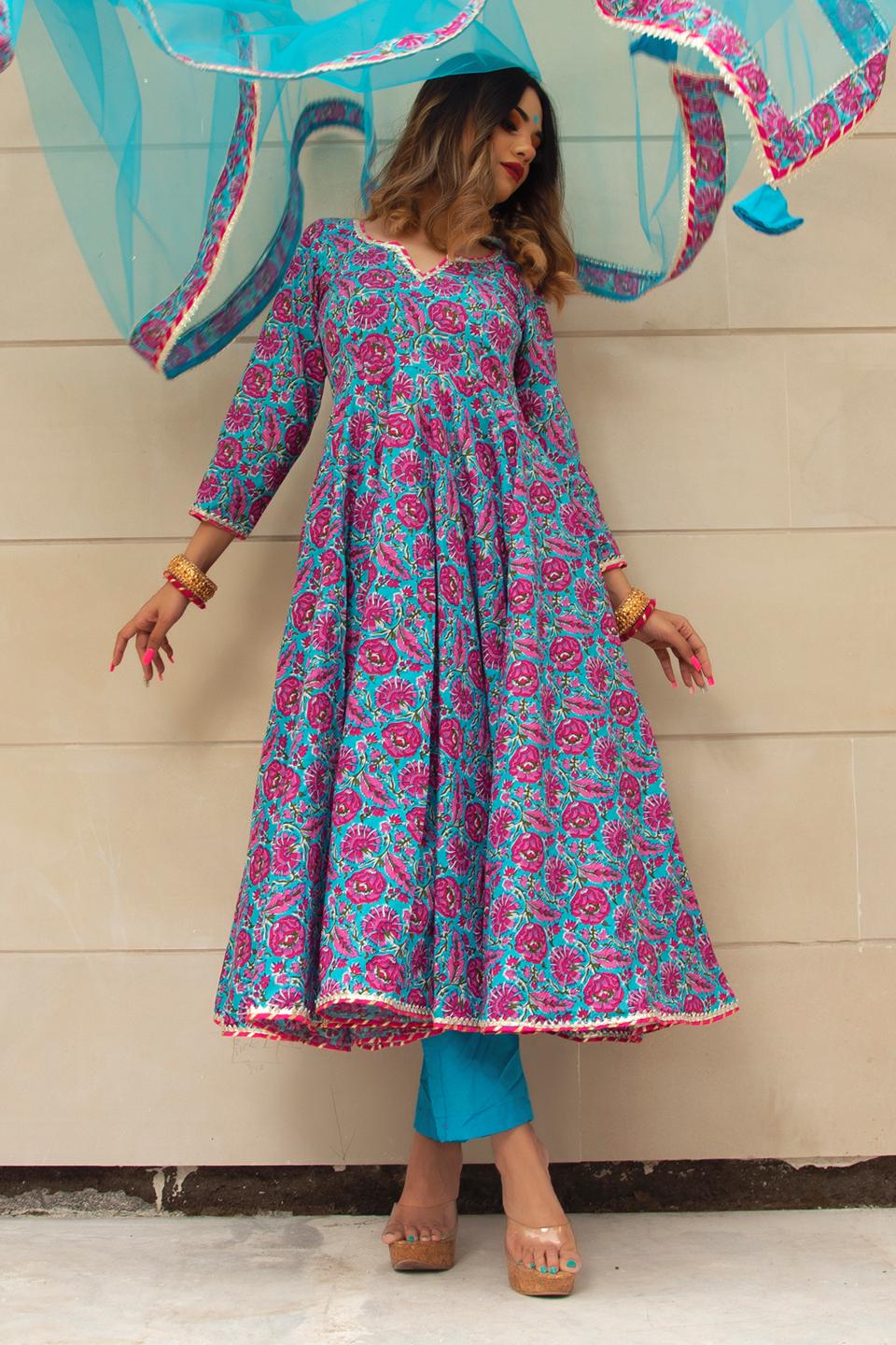 chitra-hand-block-cotton-anarkali-set-11403212BL, Women Indian Ethnic Clothing, Cotton Kurta Set Dupatta