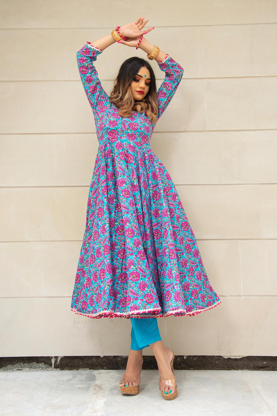 chitra-hand-block-cotton-anarkali-set-11403212BL, Women Indian Ethnic Clothing, Cotton Kurta Set Dupatta