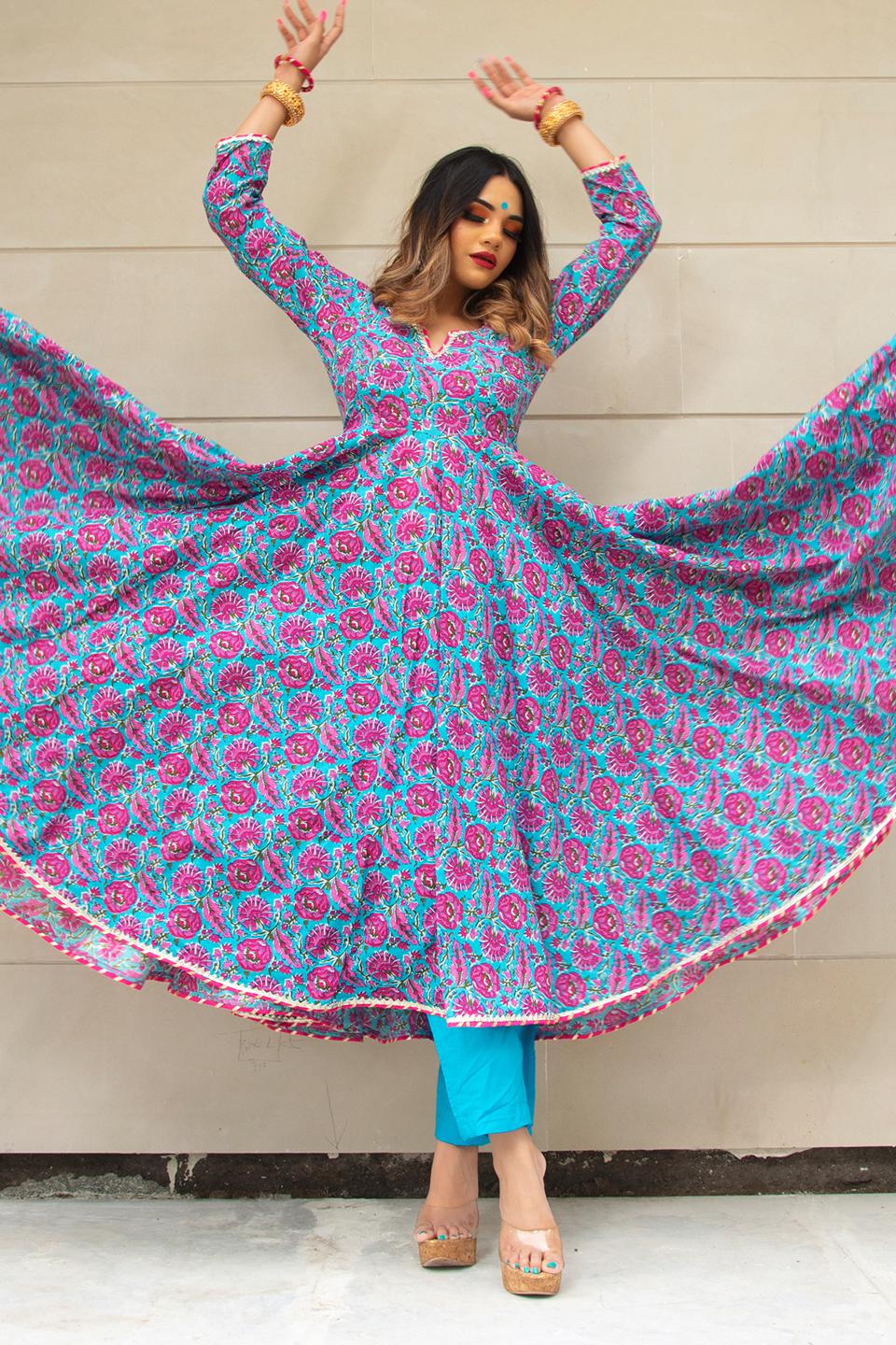 chitra-hand-block-cotton-anarkali-set-11403212BL, Women Indian Ethnic Clothing, Cotton Kurta Set Dupatta