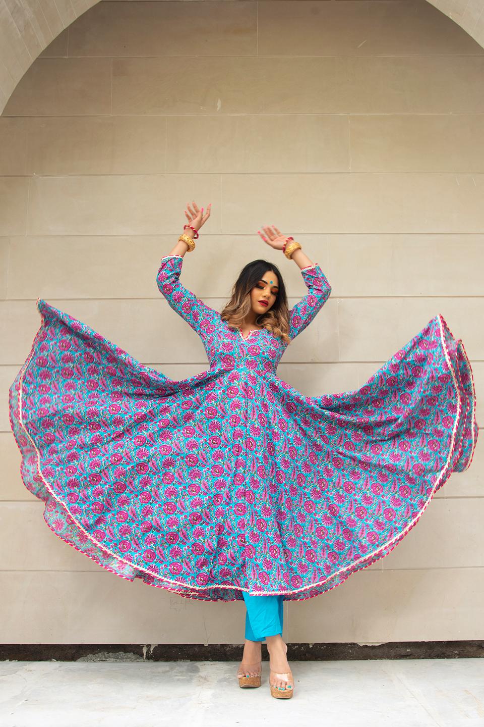 chitra-hand-block-cotton-anarkali-set-11403212BL, Women Indian Ethnic Clothing, Cotton Kurta Set Dupatta