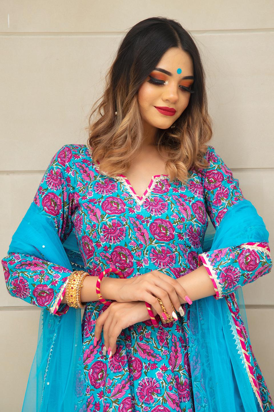 chitra-hand-block-cotton-anarkali-set-11403212BL, Women Indian Ethnic Clothing, Cotton Kurta Set Dupatta