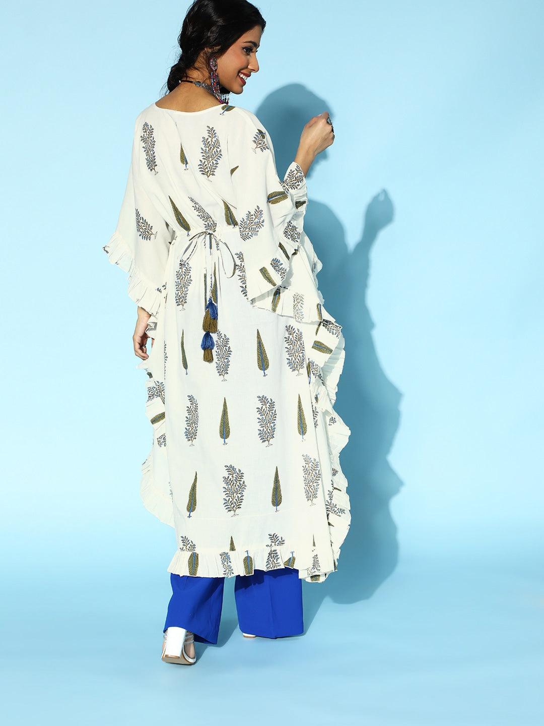 classic-white-printed-caftan-kurta-10121094WH, Women Clothing, Cotton Caftan