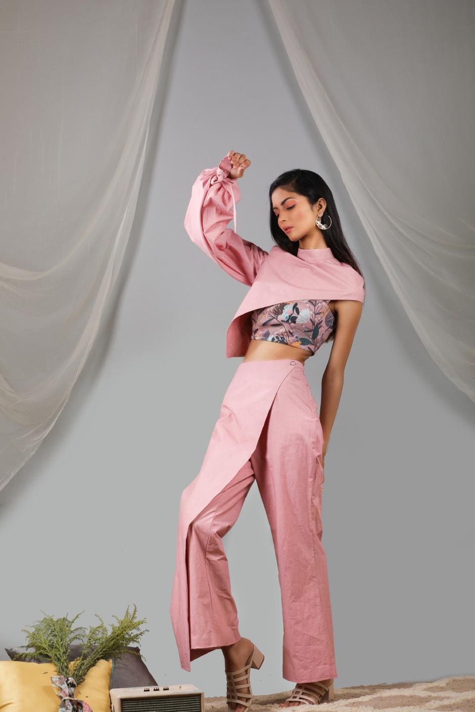 Coral Blush Off Shoulder High Low Jacket With Flap Pant And Blouse Set